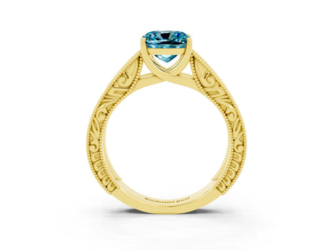 Yellow gold Cushion Cut Blue Topaz Solitaire Ring with Engraved Band and Four-Prong Setting_3