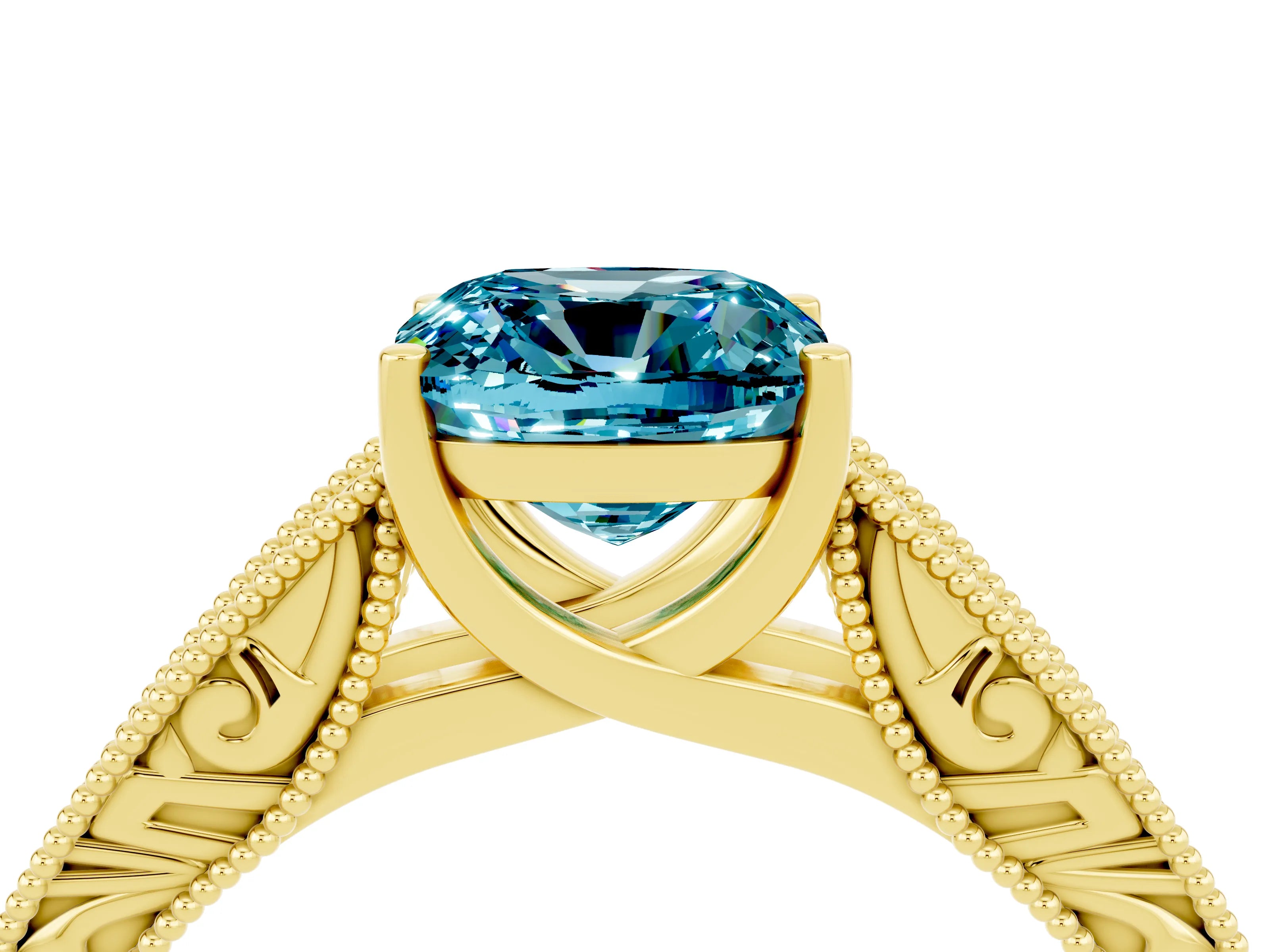 Yellow gold Cushion Cut Blue Topaz Solitaire Ring with Engraved Band and Four-Prong Setting_4