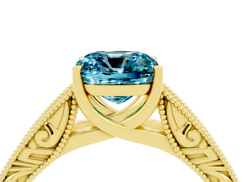 Yellow gold Cushion Cut Blue Topaz Solitaire Ring with Engraved Band and Four-Prong Setting_4