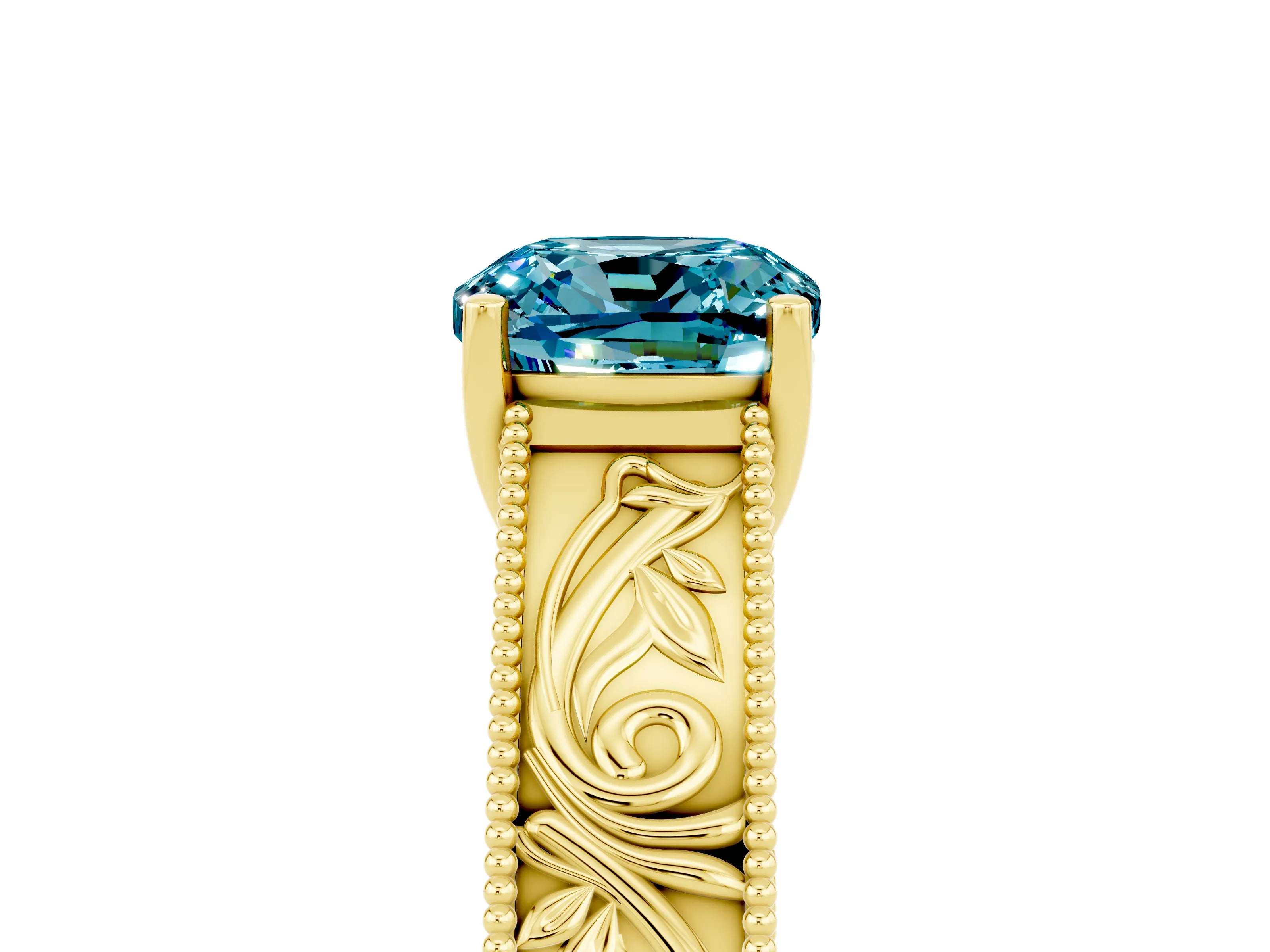 Yellow gold Cushion Cut Blue Topaz Solitaire Ring with Engraved Band and Four-Prong Setting_5