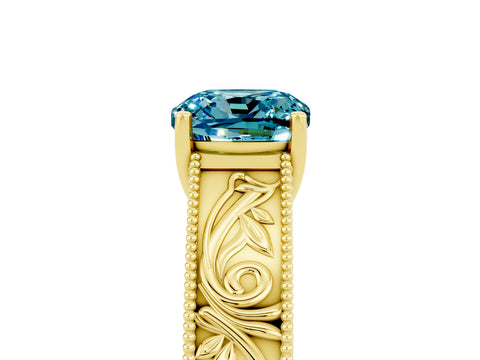 Yellow gold Cushion Cut Blue Topaz Solitaire Ring with Engraved Band and Four-Prong Setting_5