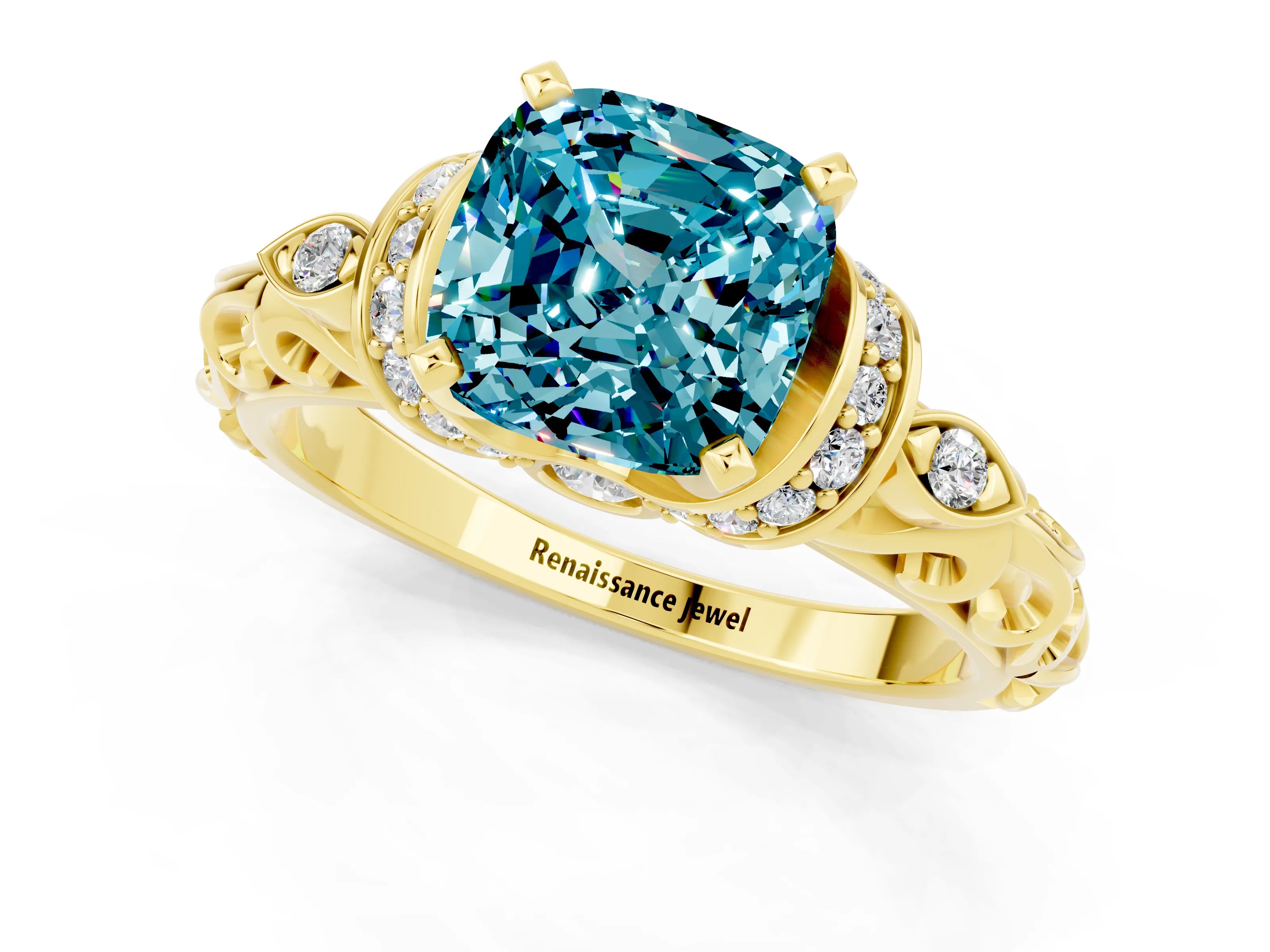Yellow gold Cushion Cut Blue Topaz Solitaire Ring with Filigree Band and Four-Prong Setting_24