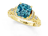 Yellow gold Cushion Cut Blue Topaz Solitaire Ring with Filigree Band and Four-Prong Setting_24