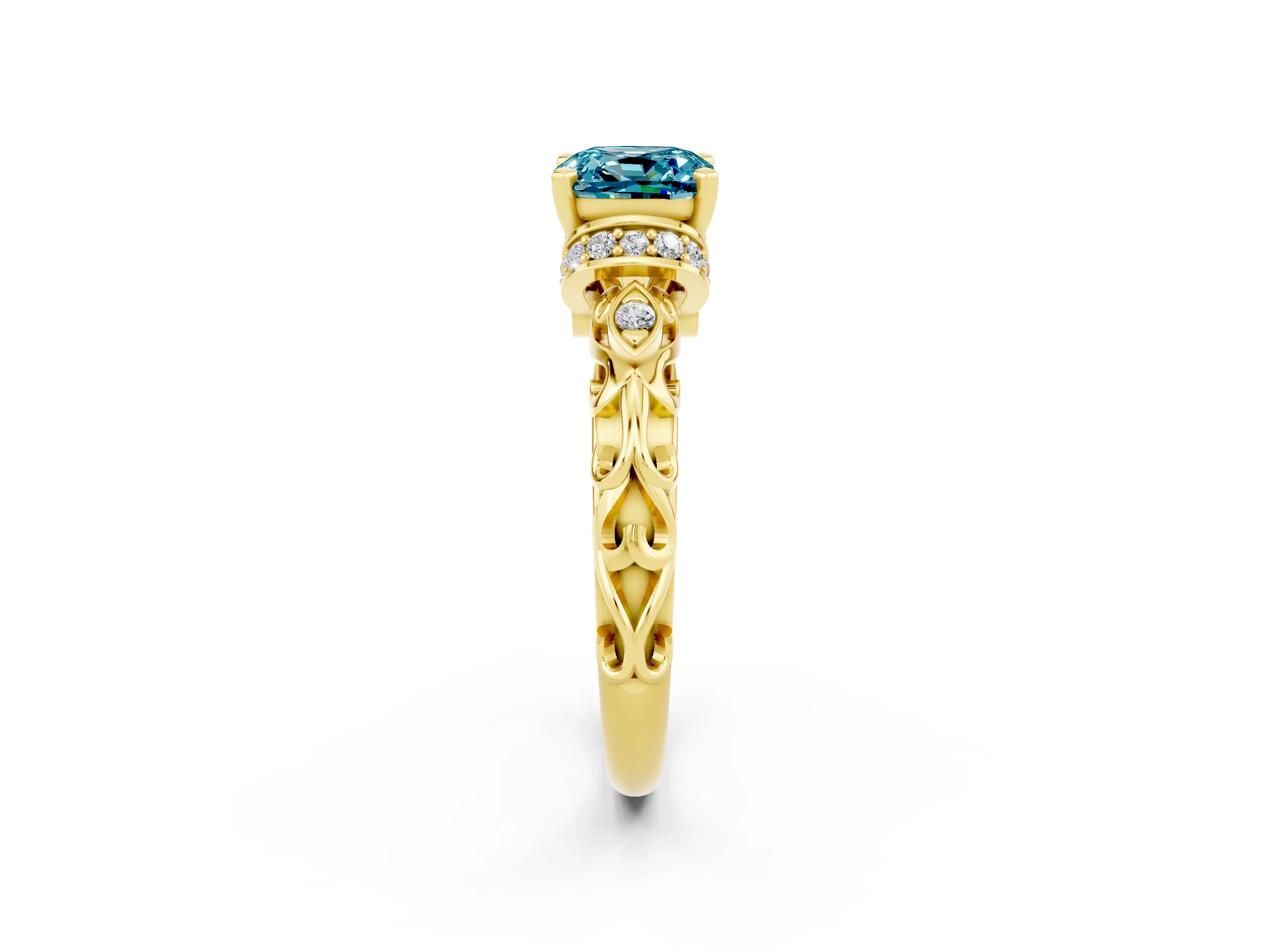 Yellow gold Cushion Cut Blue Topaz Solitaire Ring with Filigree Band and Four-Prong Setting_25