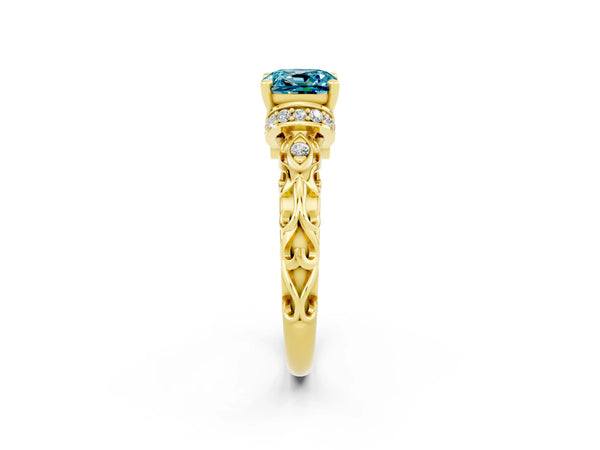 Yellow gold Cushion Cut Blue Topaz Solitaire Ring with Filigree Band and Four-Prong Setting