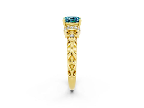 Yellow gold Cushion Cut Blue Topaz Solitaire Ring with Filigree Band and Four-Prong Setting_25