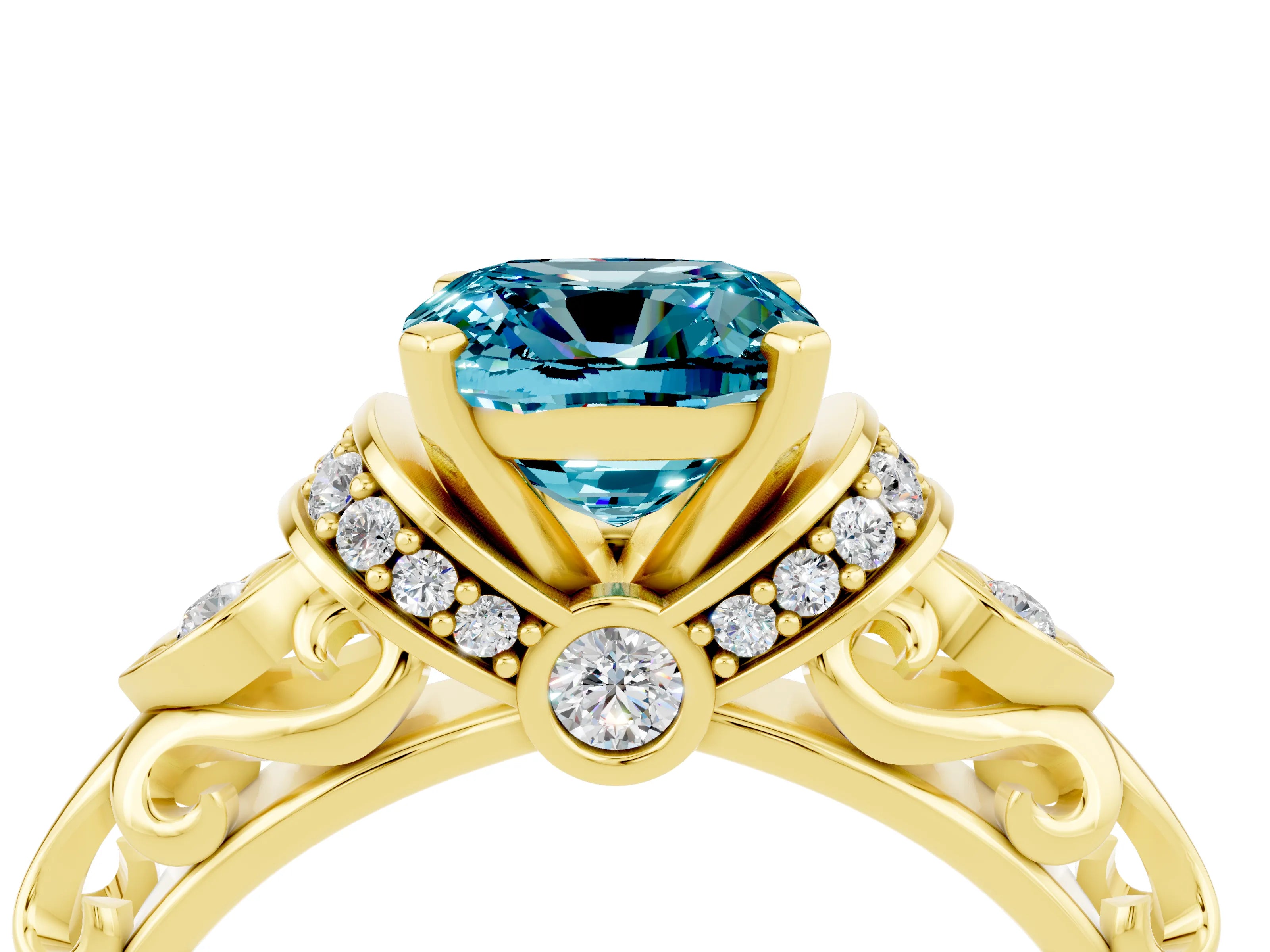 Yellow gold Cushion Cut Blue Topaz Solitaire Ring with Filigree Band and Four-Prong Setting_26