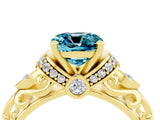 Yellow gold Cushion Cut Blue Topaz Solitaire Ring with Filigree Band and Four-Prong Setting_26