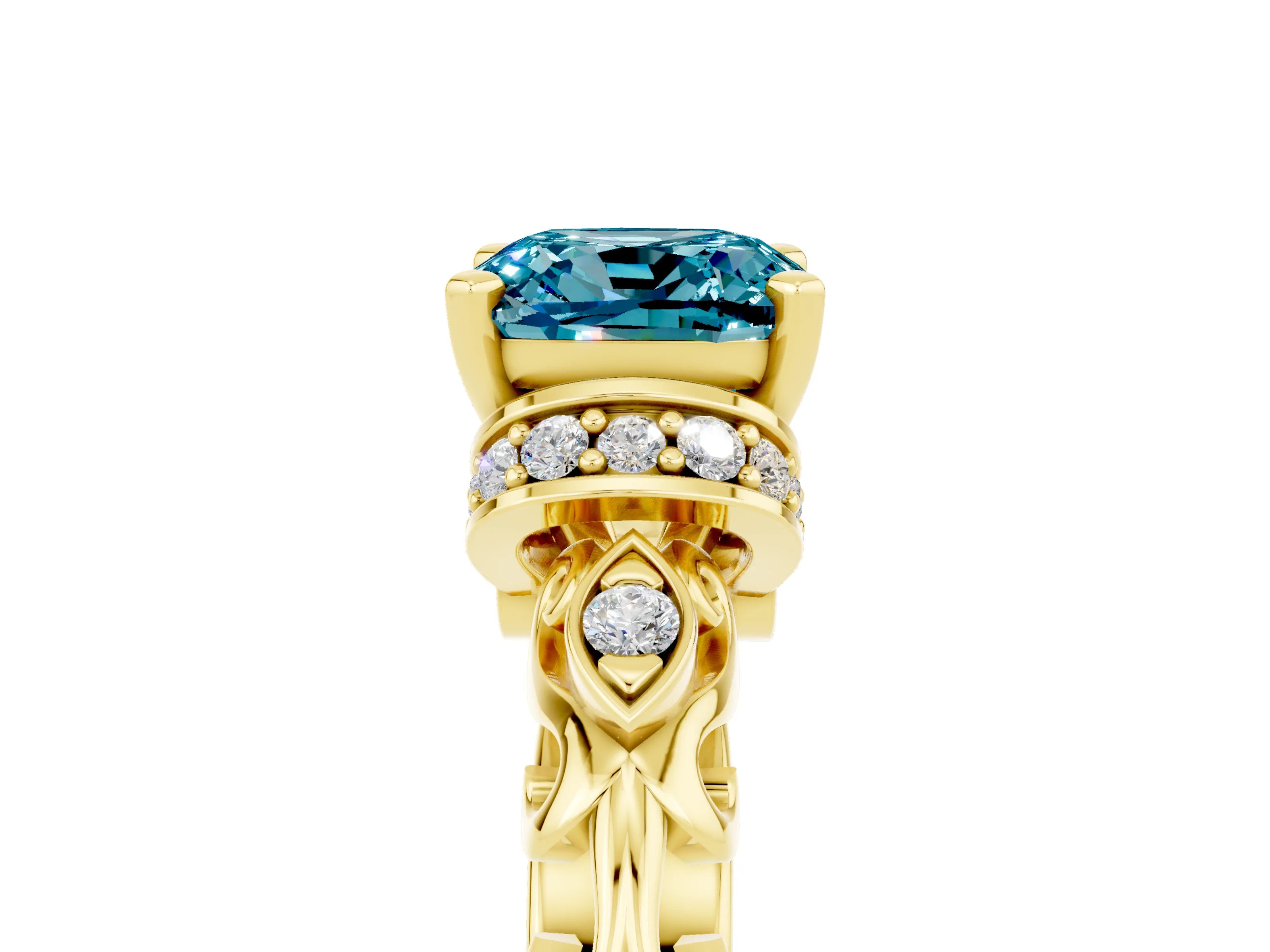Yellow gold Cushion Cut Blue Topaz Solitaire Ring with Filigree Band and Four-Prong Setting_27