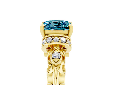 Yellow gold Cushion Cut Blue Topaz Solitaire Ring with Filigree Band and Four-Prong Setting_27