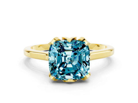 Yellow gold Cushion Cut Blue Topaz Solitaire Ring with Flower Prong Setting and Classic Band_12