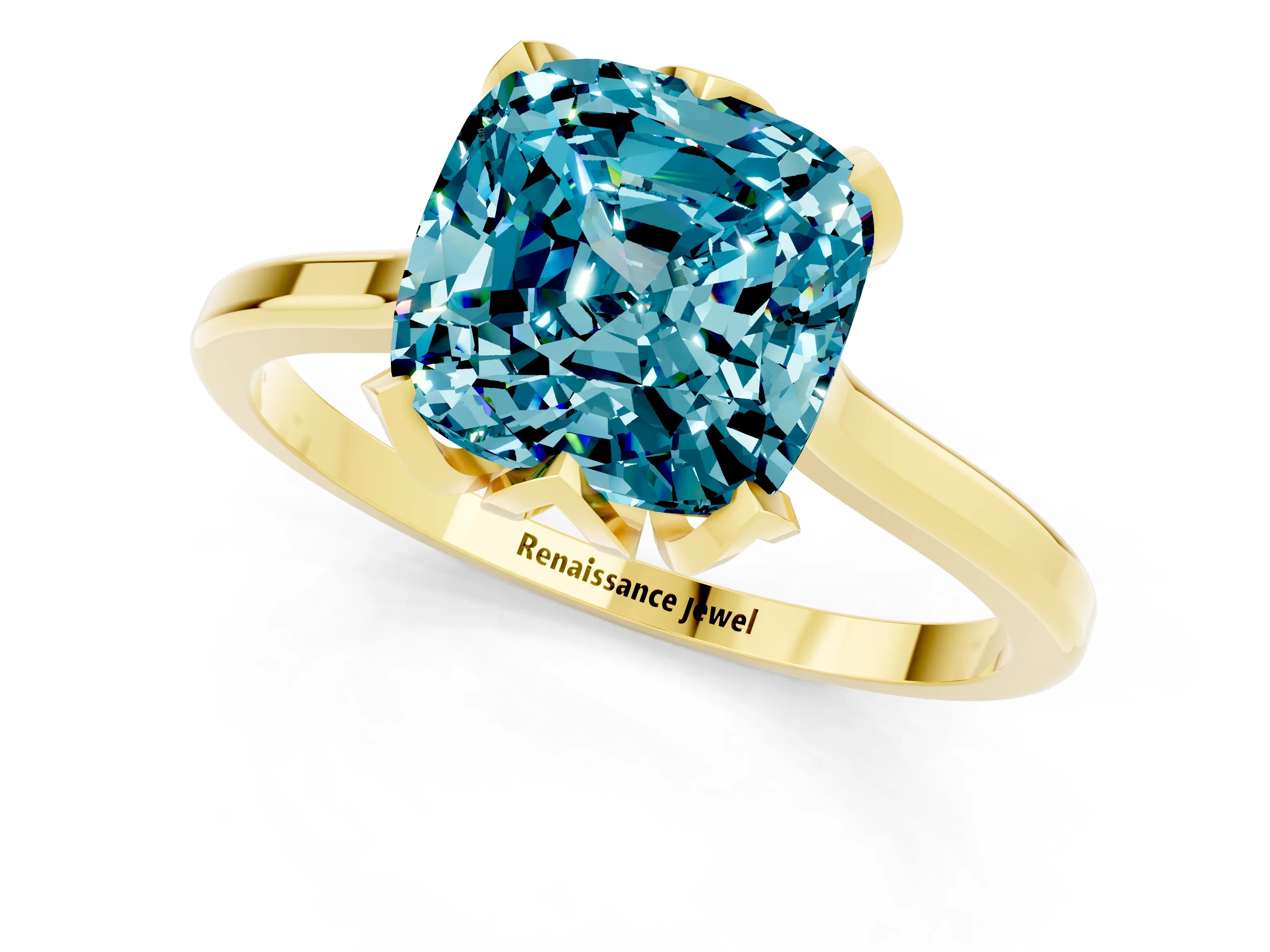 Yellow gold Cushion Cut Blue Topaz Solitaire Ring with Flower Prong Setting and Classic Band_13