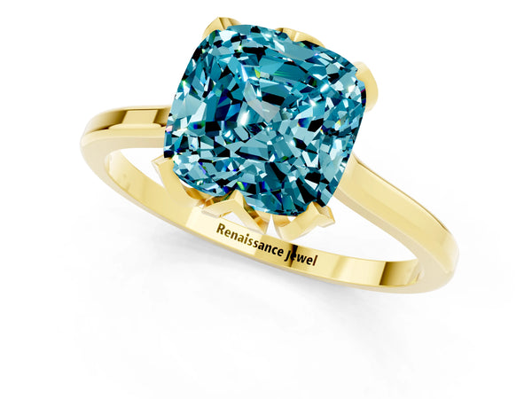 Yellow gold Cushion Cut Blue Topaz Solitaire Ring with Flower Prong Setting and Classic Band