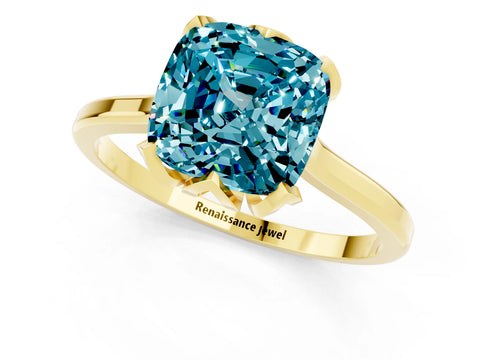 Yellow gold Cushion Cut Blue Topaz Solitaire Ring with Flower Prong Setting and Classic Band_13