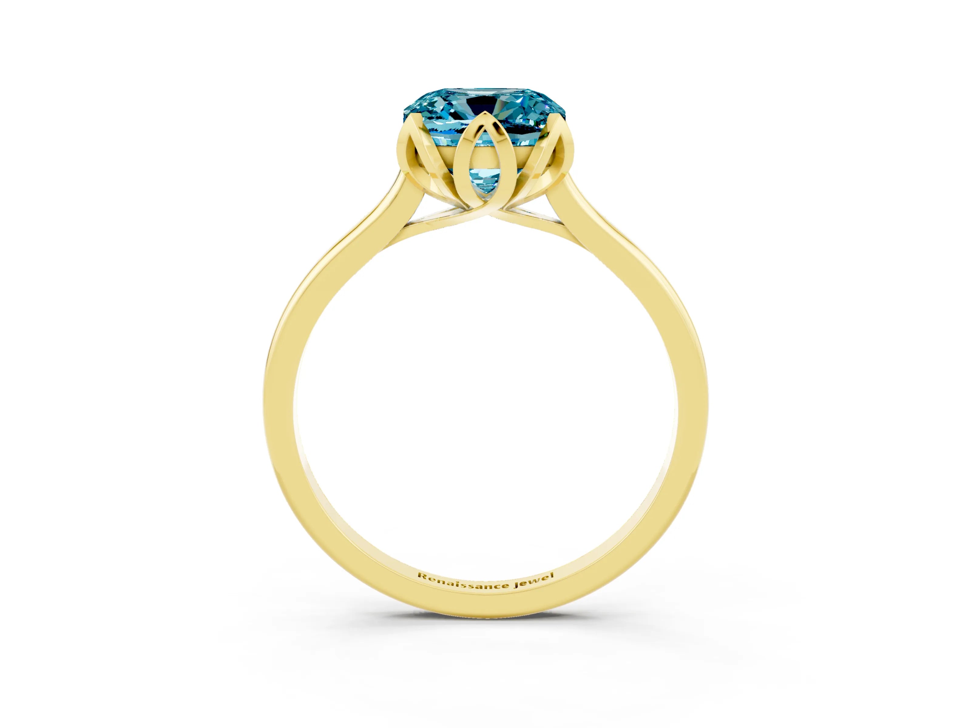 Yellow gold Cushion Cut Blue Topaz Solitaire Ring with Flower Prong Setting and Classic Band_15
