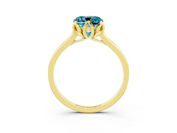 Yellow gold Cushion Cut Blue Topaz Solitaire Ring with Flower Prong Setting and Classic Band