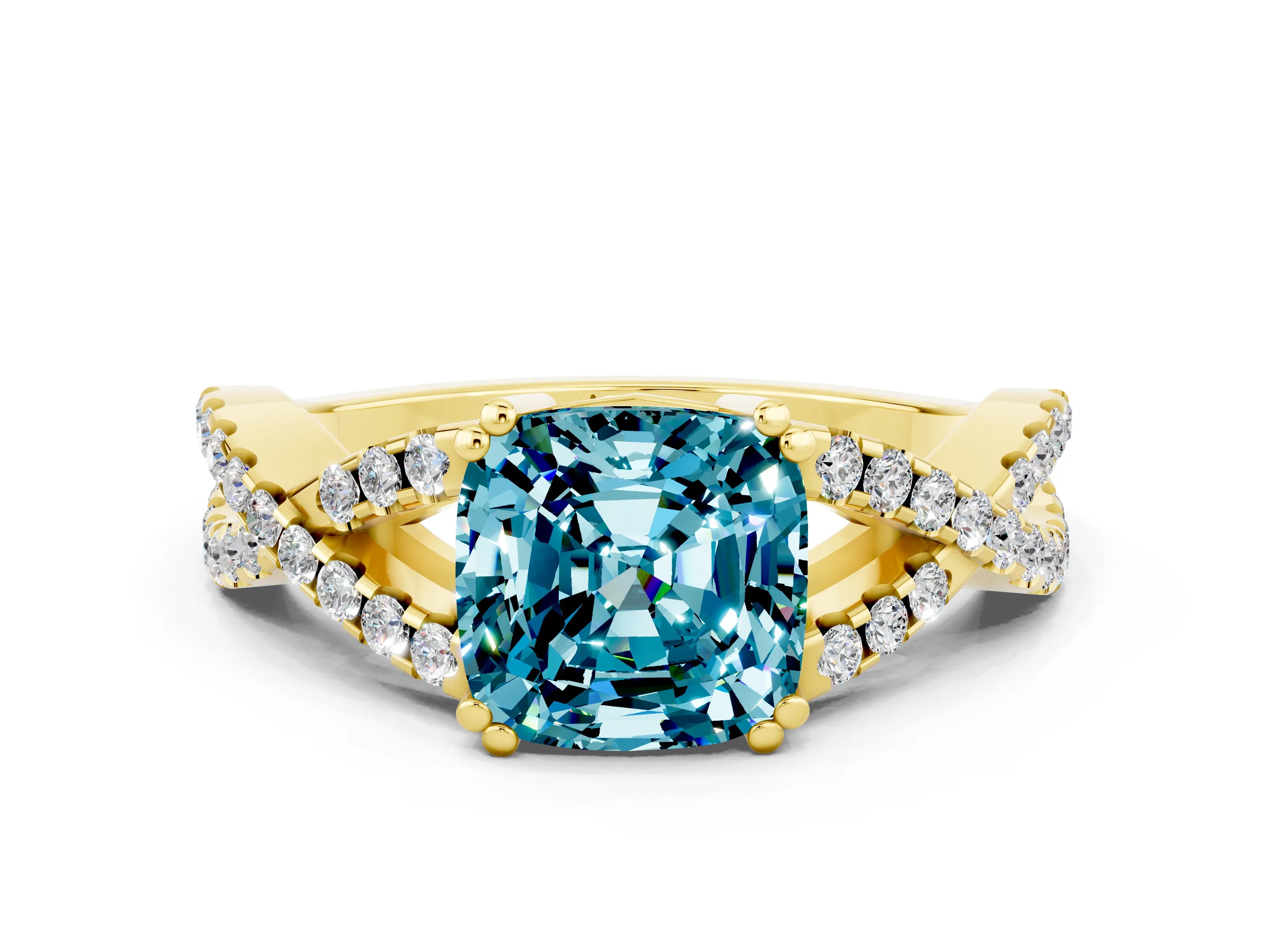 Yellow gold Cushion Cut Blue Topaz Solitaire Ring with Four-Prong Setting and Twisted Pavé Band