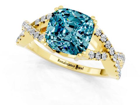 Yellow gold Cushion Cut Blue Topaz Solitaire Ring with Four-Prong Setting and Twisted Pavé Band_1
