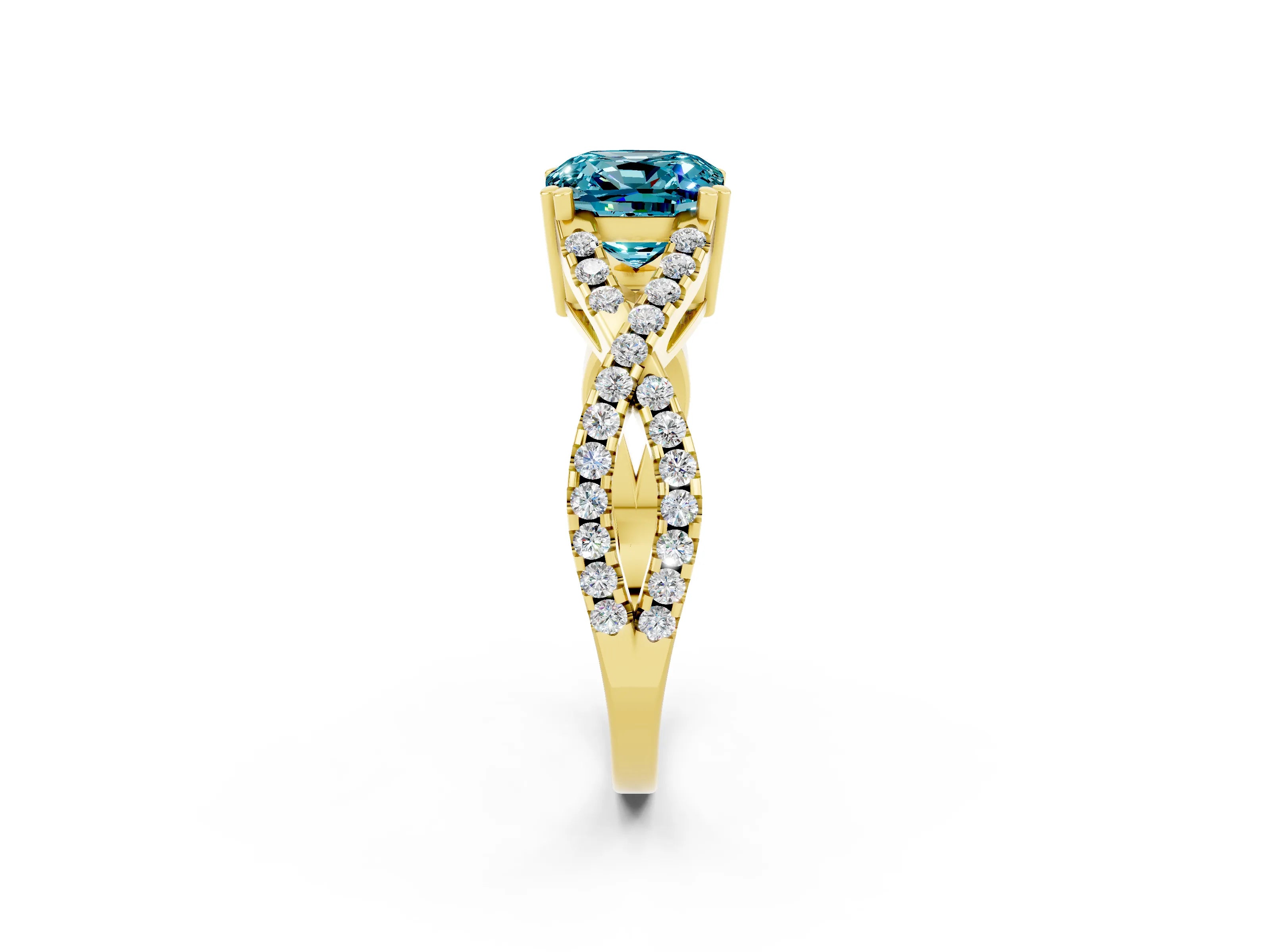 Yellow gold Cushion Cut Blue Topaz Solitaire Ring with Four-Prong Setting and Twisted Pavé Band_2