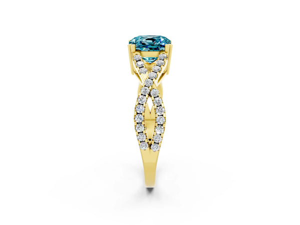 Yellow gold Cushion Cut Blue Topaz Solitaire Ring with Four-Prong Setting and Twisted Pavé Band
