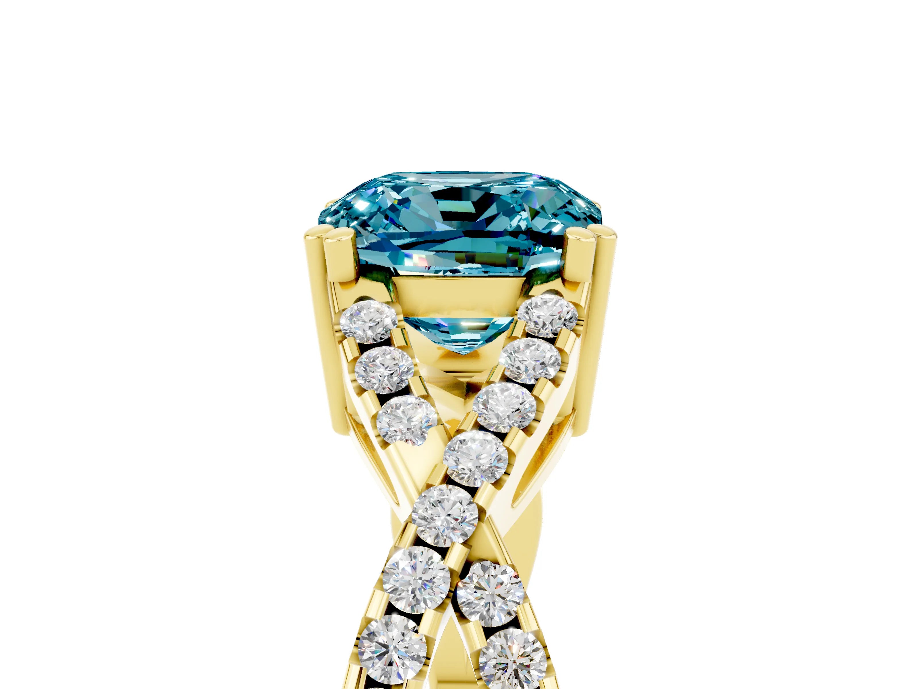 Yellow gold Cushion Cut Blue Topaz Solitaire Ring with Four-Prong Setting and Twisted Pavé Band_5