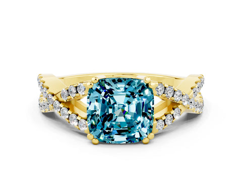 Yellow gold Cushion Cut Blue Topaz Solitaire Ring with Four-Prong Setting and Twisted Pavé Band