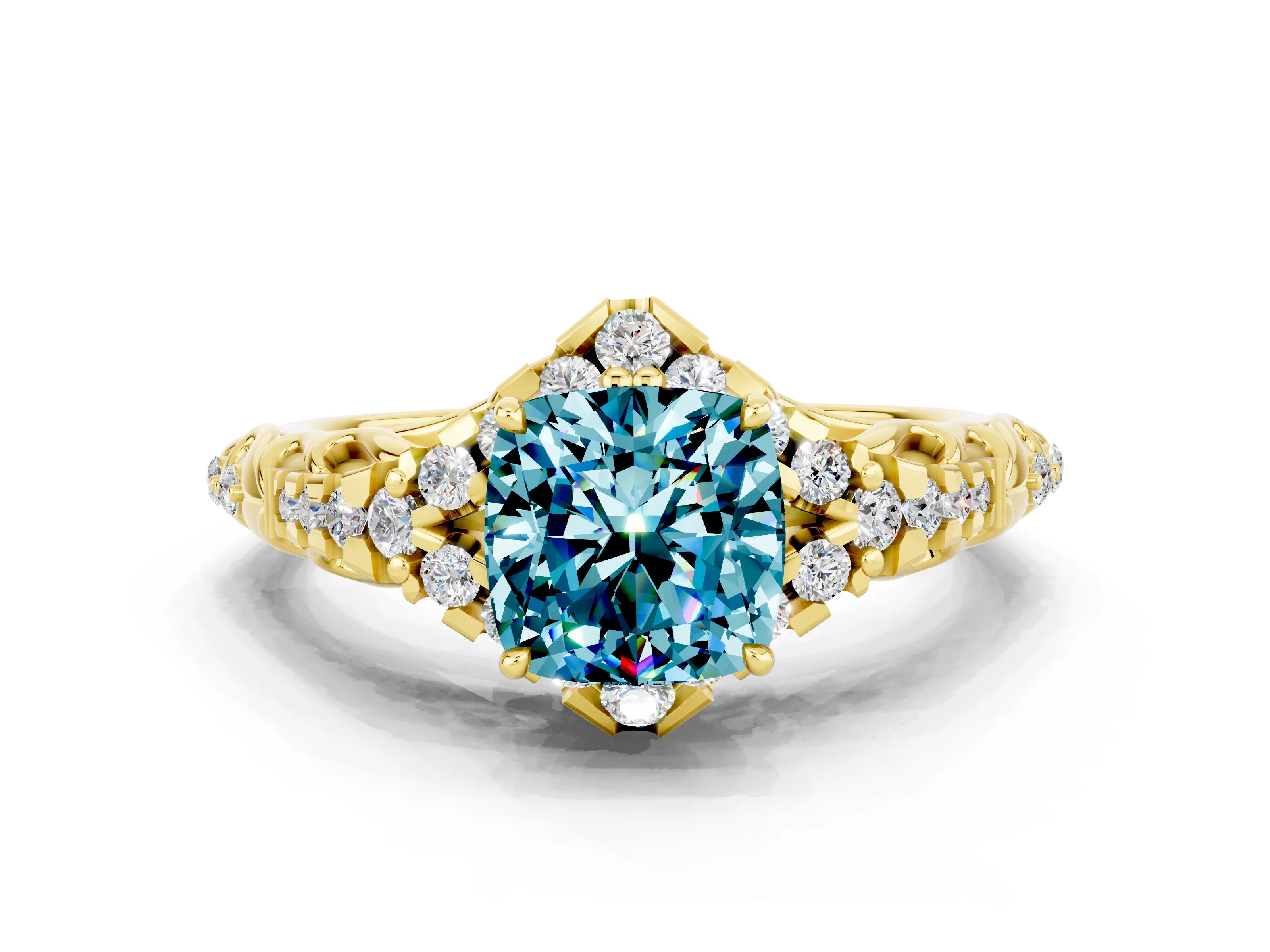 Yellow gold Cushion Cut Blue Topaz Solitaire Ring with Hidden Halo and Pavé Band_12