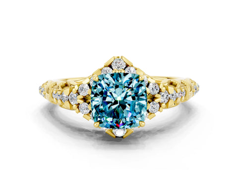 Yellow gold Cushion Cut Blue Topaz Solitaire Ring with Hidden Halo and Pavé Band_12