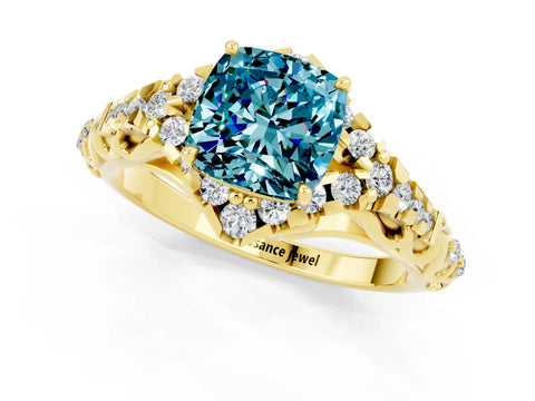 Yellow gold Cushion Cut Blue Topaz Solitaire Ring with Hidden Halo and Pavé Band_13