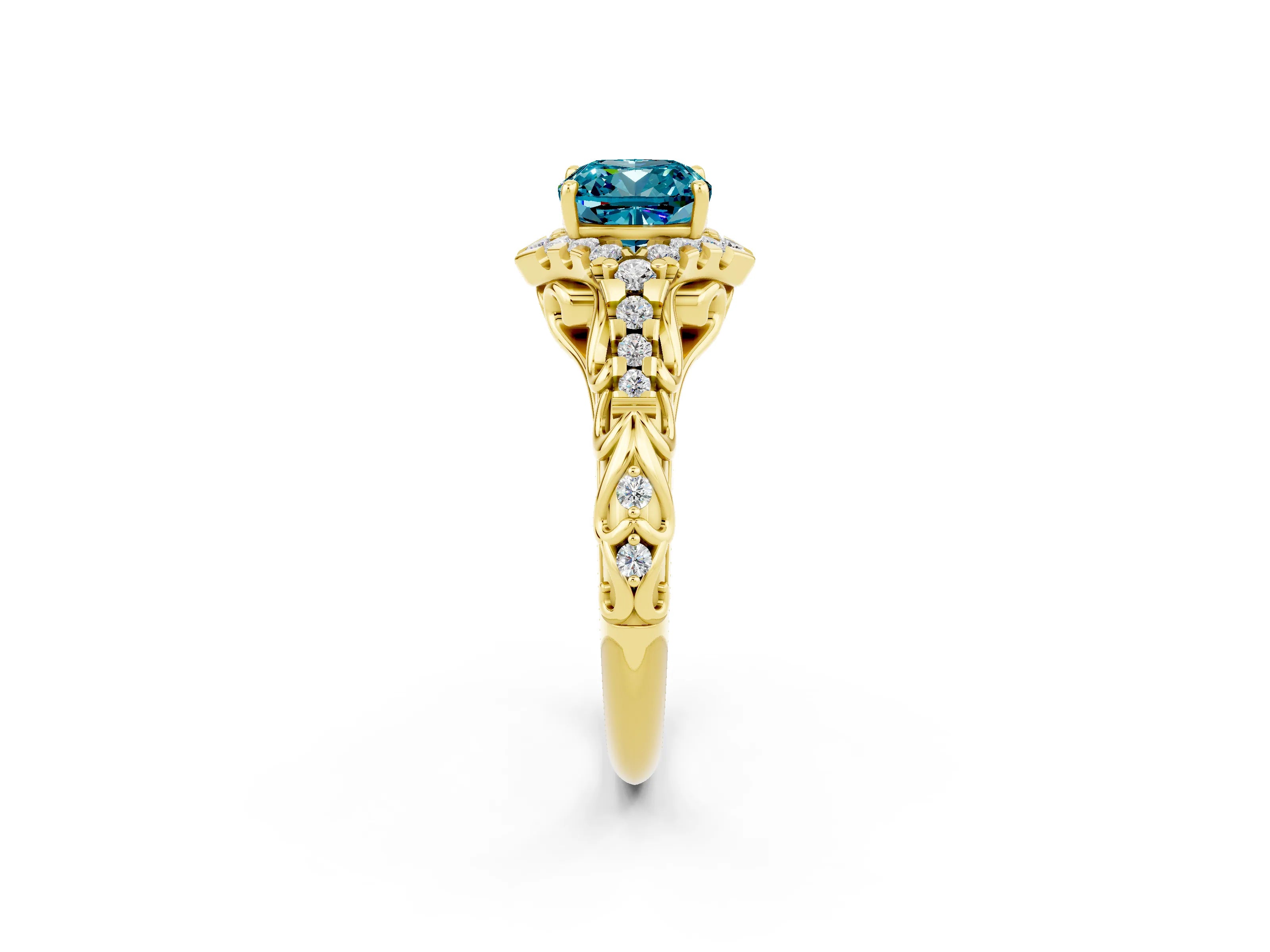 Yellow gold Cushion Cut Blue Topaz Solitaire Ring with Hidden Halo and Pavé Band_14