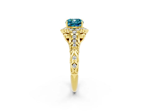 Yellow gold Cushion Cut Blue Topaz Solitaire Ring with Hidden Halo and Pavé Band_14
