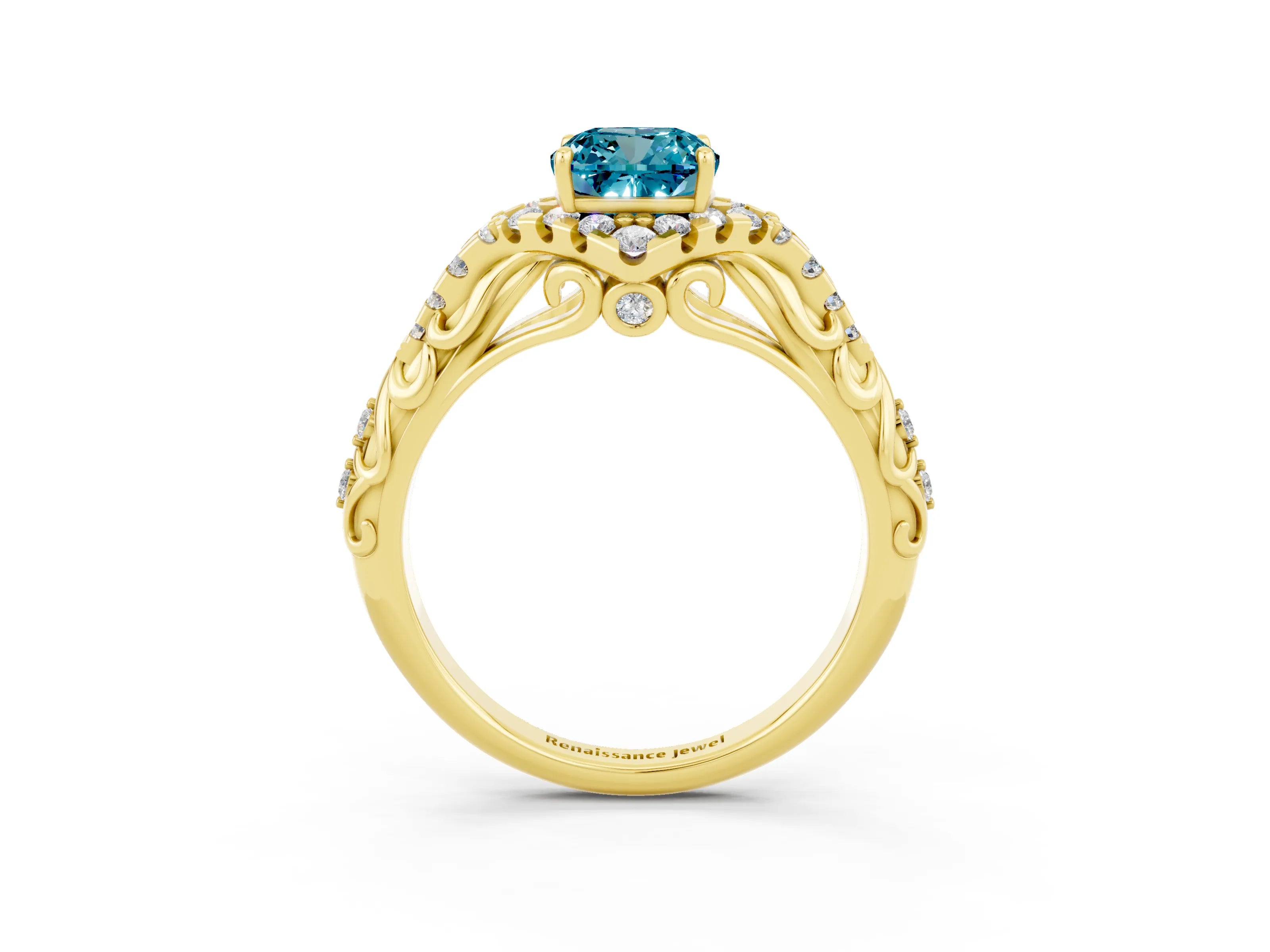 Yellow gold Cushion Cut Blue Topaz Solitaire Ring with Hidden Halo and Pavé Band_15