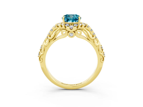 Yellow gold Cushion Cut Blue Topaz Solitaire Ring with Hidden Halo and Pavé Band