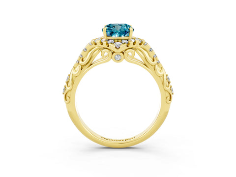 Yellow gold Cushion Cut Blue Topaz Solitaire Ring with Hidden Halo and Pavé Band_15