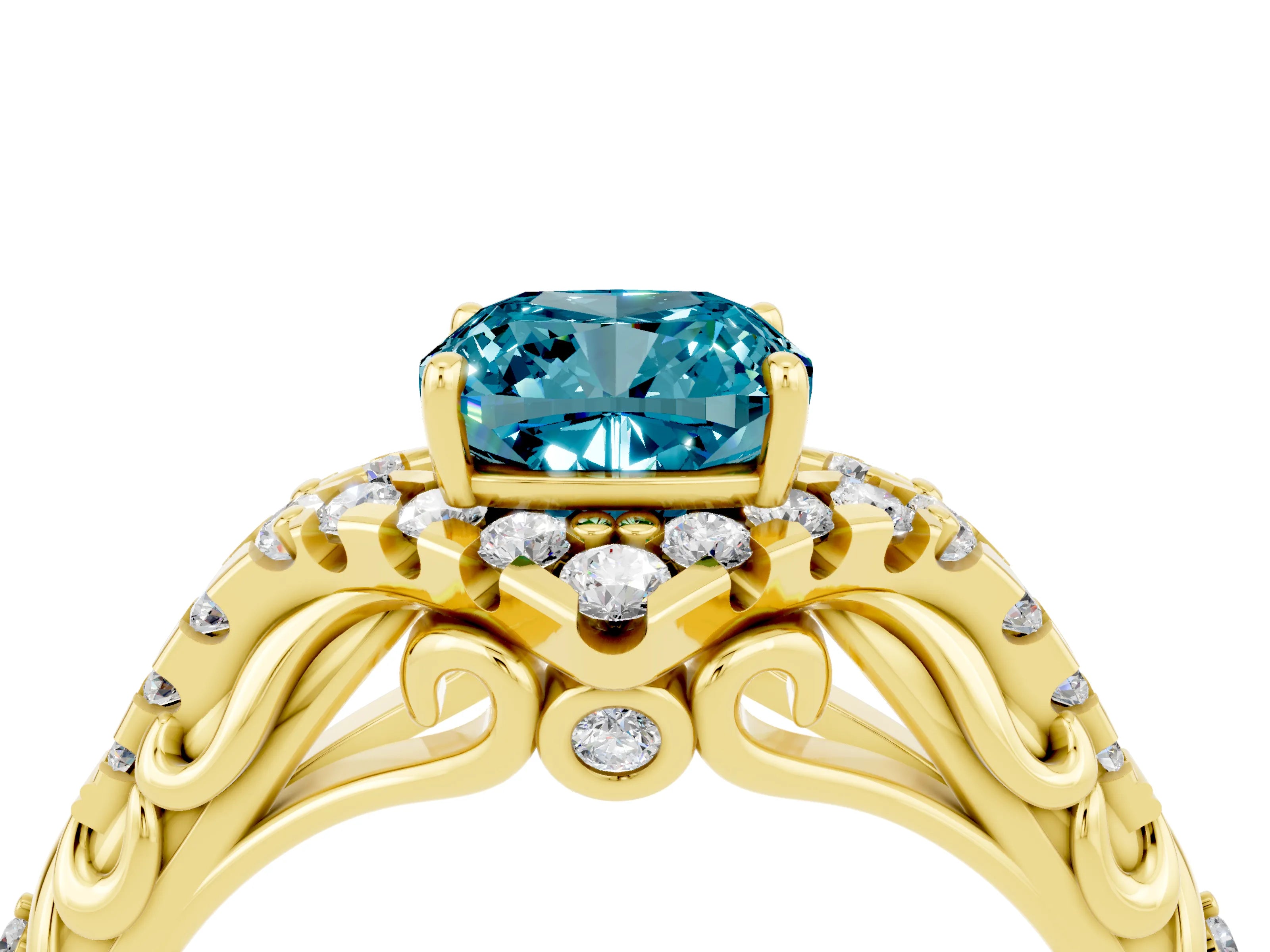 Yellow gold Cushion Cut Blue Topaz Solitaire Ring with Hidden Halo and Pavé Band_16