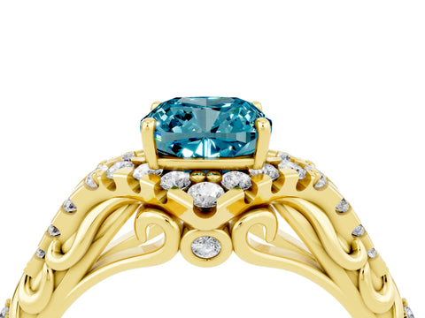 Yellow gold Cushion Cut Blue Topaz Solitaire Ring with Hidden Halo and Pavé Band_16