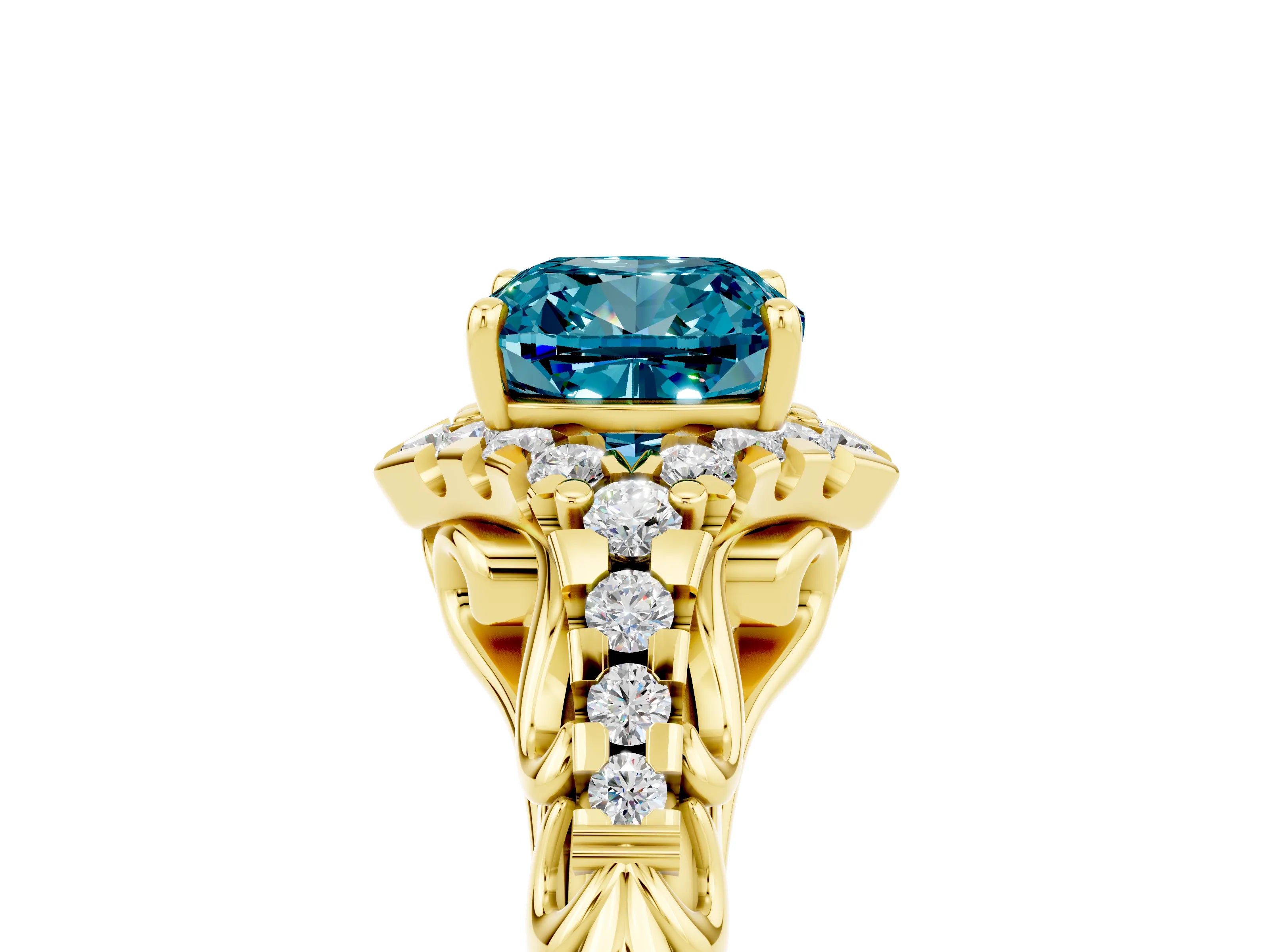 Yellow gold Cushion Cut Blue Topaz Solitaire Ring with Hidden Halo and Pavé Band_17