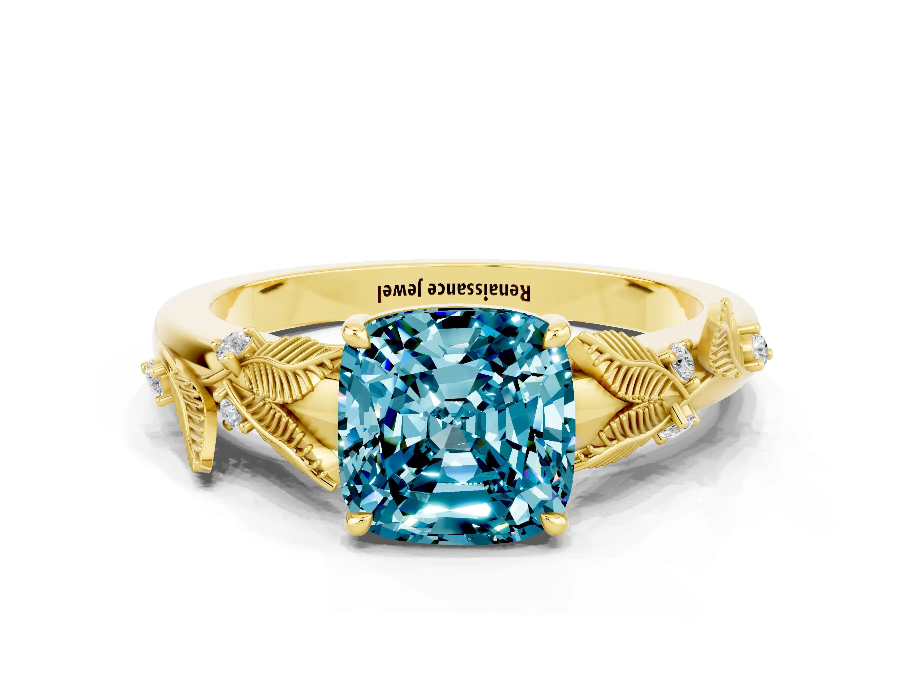 Yellow gold Cushion Cut Blue Topaz Solitaire Ring with Leaf Motif Band and Four-Prong Setting