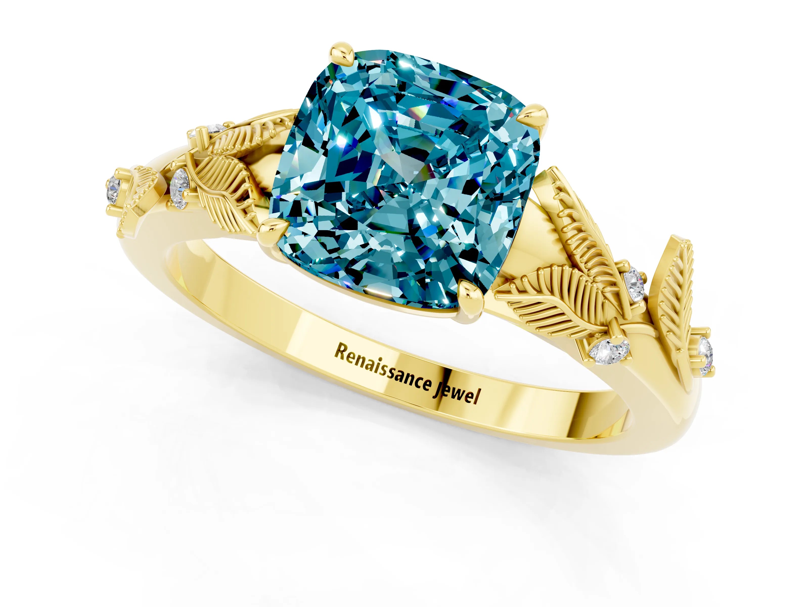 Yellow gold Cushion Cut Blue Topaz Solitaire Ring with Leaf Motif Band and Four-Prong Setting_1