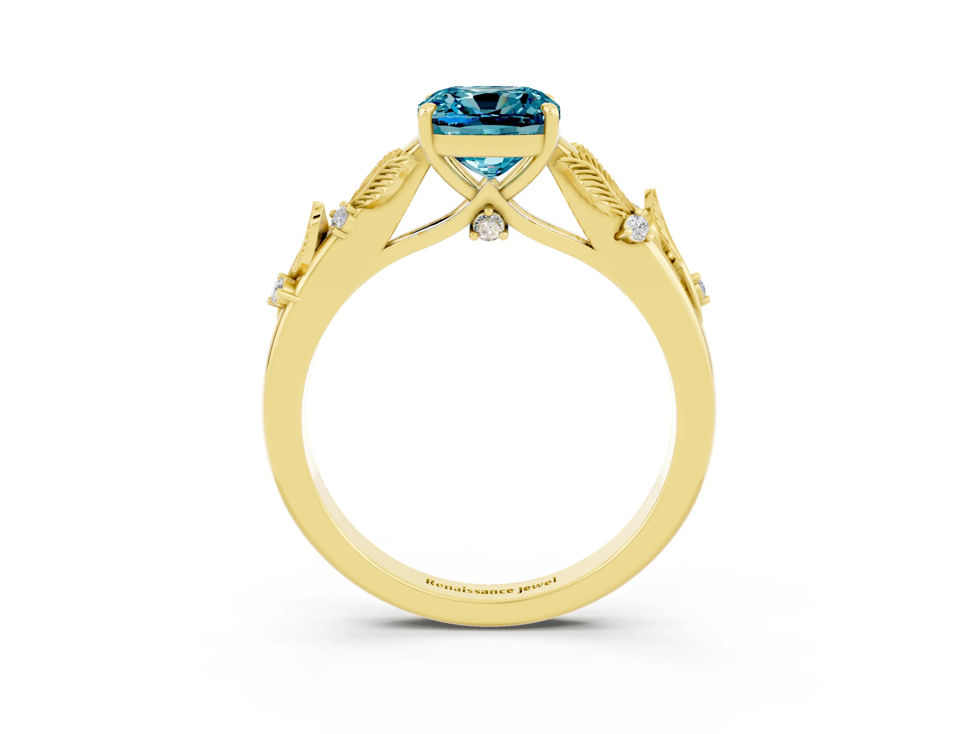 Yellow gold Cushion Cut Blue Topaz Solitaire Ring with Leaf Motif Band and Four-Prong Setting_3