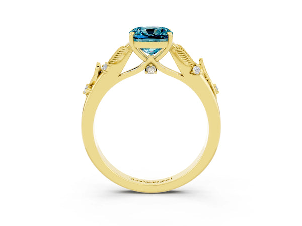 Yellow gold Cushion Cut Blue Topaz Solitaire Ring with Leaf Motif Band and Four-Prong Setting