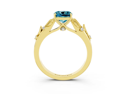 Yellow gold Cushion Cut Blue Topaz Solitaire Ring with Leaf Motif Band and Four-Prong Setting_3