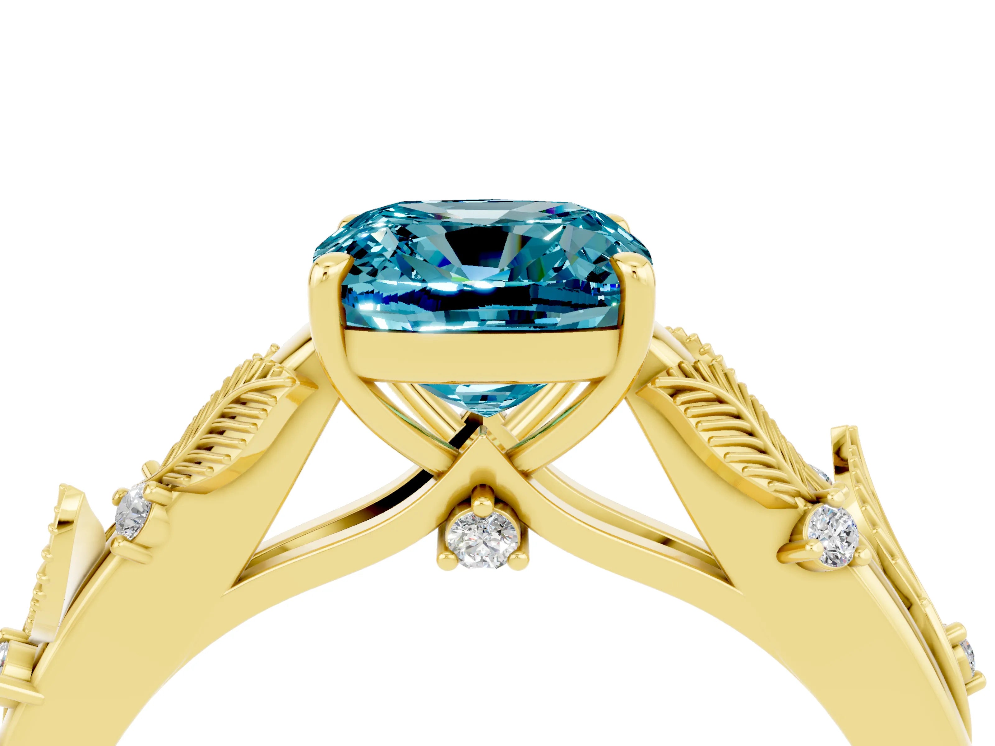 Yellow gold Cushion Cut Blue Topaz Solitaire Ring with Leaf Motif Band and Four-Prong Setting_4
