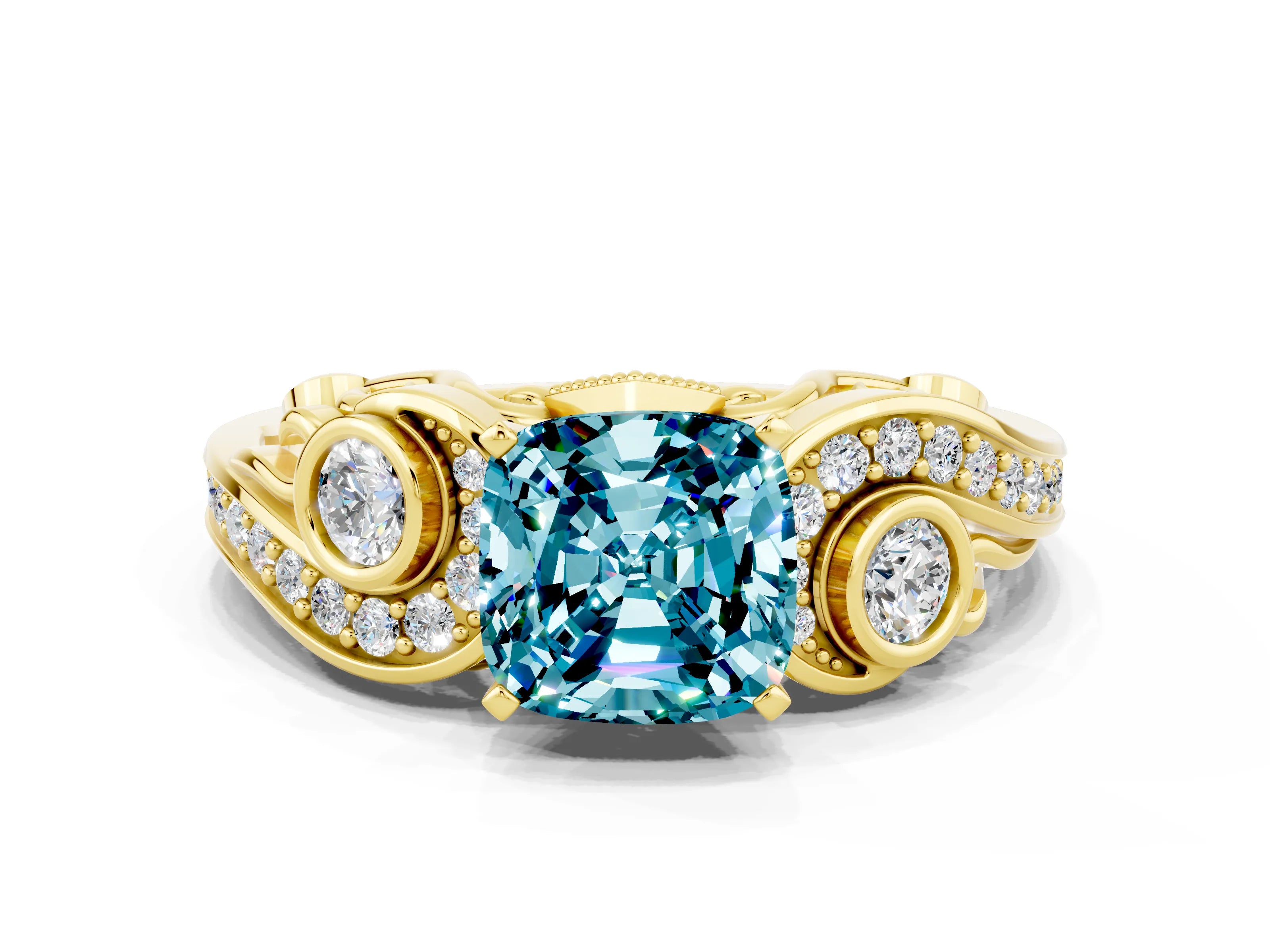 Yellow gold Cushion Cut Blue Topaz Solitaire Ring with Milgrain Pavé Band and Four-Prong Setting_24