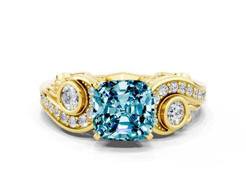 Yellow gold Cushion Cut Blue Topaz Solitaire Ring with Milgrain Pavé Band and Four-Prong Setting_24