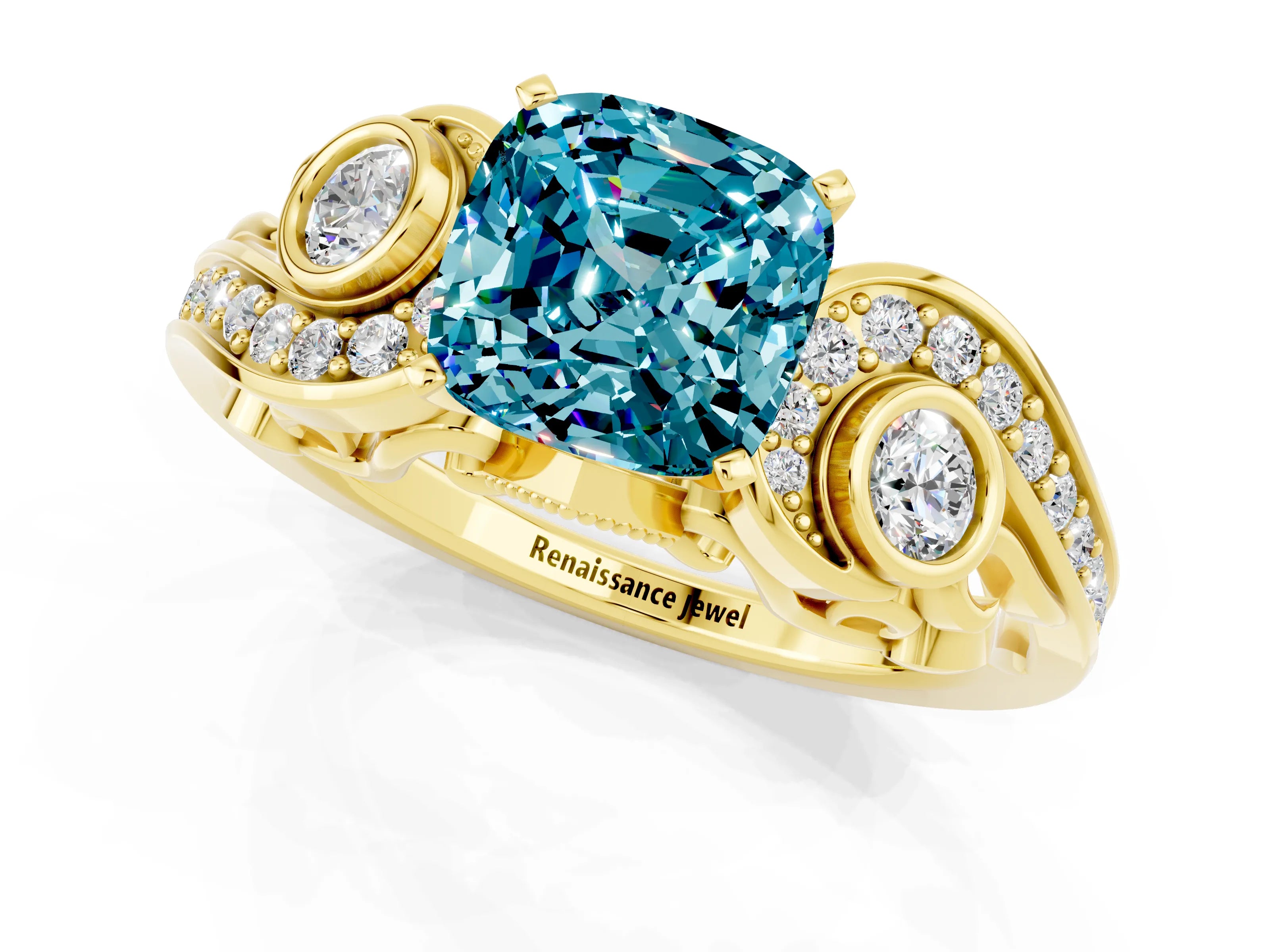 Yellow gold Cushion Cut Blue Topaz Solitaire Ring with Milgrain Pavé Band and Four-Prong Setting_25