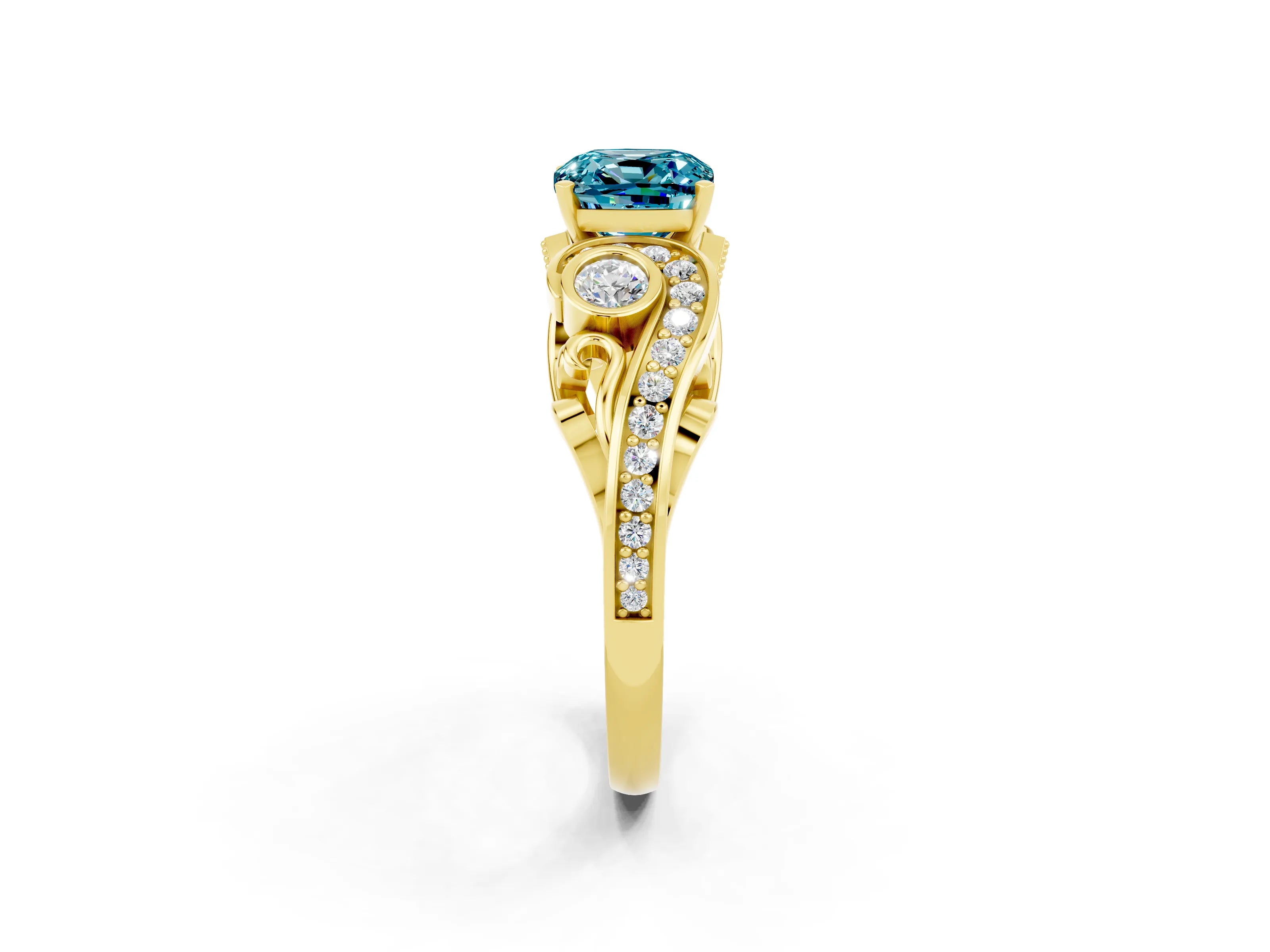 Yellow gold Cushion Cut Blue Topaz Solitaire Ring with Milgrain Pavé Band and Four-Prong Setting_26