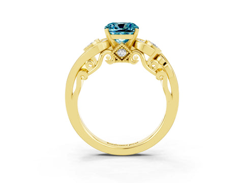 Yellow gold Cushion Cut Blue Topaz Solitaire Ring with Milgrain Pavé Band and Four-Prong Setting_27