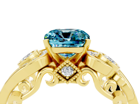 Yellow gold Cushion Cut Blue Topaz Solitaire Ring with Milgrain Pavé Band and Four-Prong Setting_28