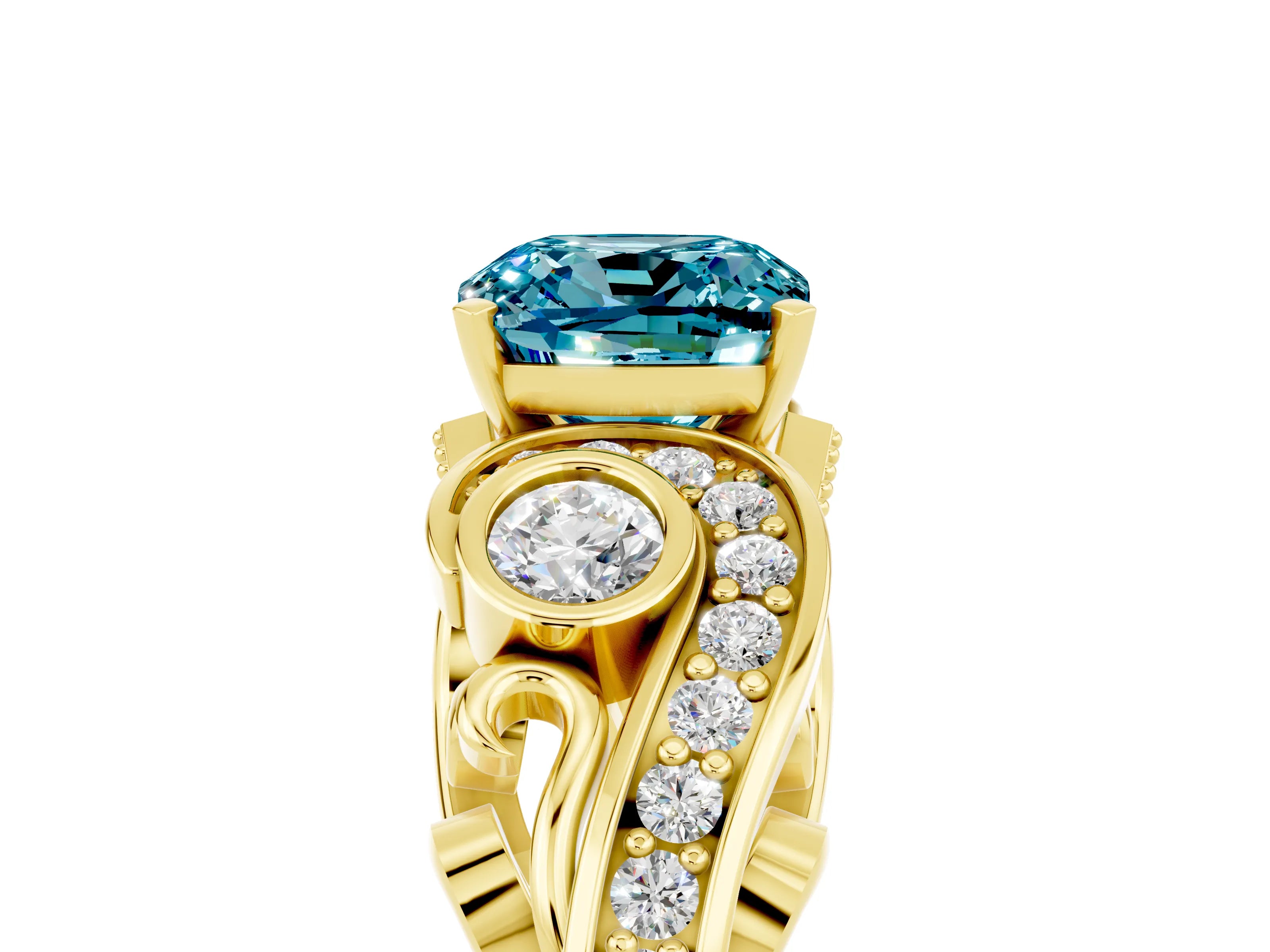 Yellow gold Cushion Cut Blue Topaz Solitaire Ring with Milgrain Pavé Band and Four-Prong Setting_29